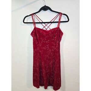 Vintage 90s Velvet Floral Burnout Mini Dress Red Y2K Slip Dress Fairy Size S